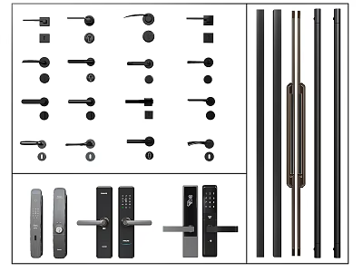 Various Modern And Traditional Door Handles With Different Design Styles And Lock Features 3d model