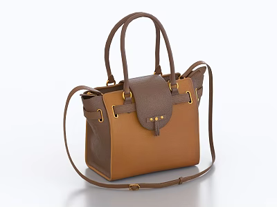 Brown Leather Handbag With Top Handles Adjustable Shoulder Strap And Golden Hardware 3d model