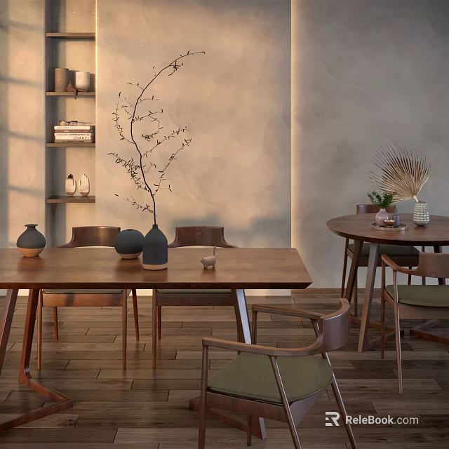 Minimalist Dining Table Set With Wooden Chairs Decorative Plants And Natural Light Interior 3d model 