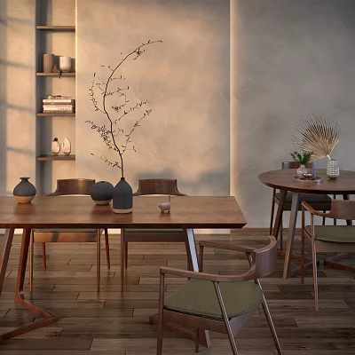 Minimalist Dining Table Set With Wooden Chairs Decorative Plants And Natural Light Interior 3d model