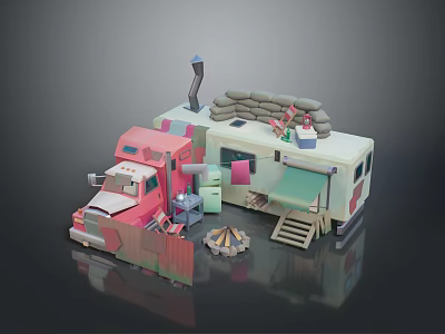 Pink And Beige Cartoon Food Truck With Chimney Sandbags Staircase And Fire Pit 3d model