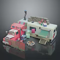 Pink And Beige Cartoon Food Truck With Chimney Sandbags Staircase And Fire Pit