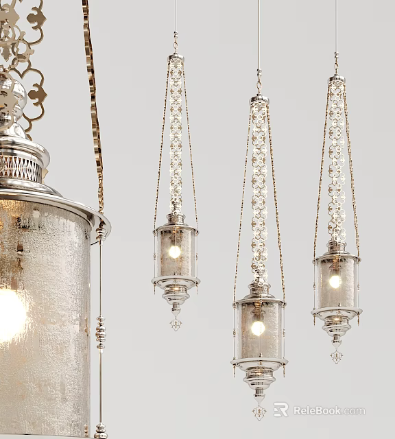 Multiple Elegant Chandeliers With Silver Metal Frames Glass Shades And Crystal Chains 3d model 