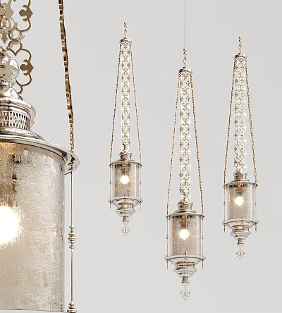 Multiple Elegant Chandeliers With Silver Metal Frames Glass Shades And Crystal Chains 3d model