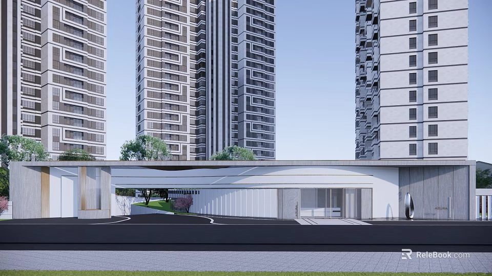 Modern Tall Residential Buildings Exterior With Entrance Area And Greenery Landscaping Design 3d model 
