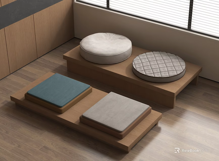 Wooden Tea Table With Blue And Gray Cushions For Minimalist Room Design 3d model 