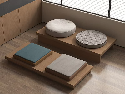 Wooden Tea Table With Blue And Gray Cushions For Minimalist Room Design 3d model