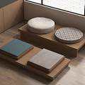 Wooden Tea Table With Blue And Gray Cushions For Minimalist Room Design