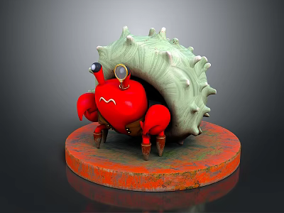 Aquatic Animal Red Crab Carrying Green Spiky Shell On Orange Circular Base 3d model
