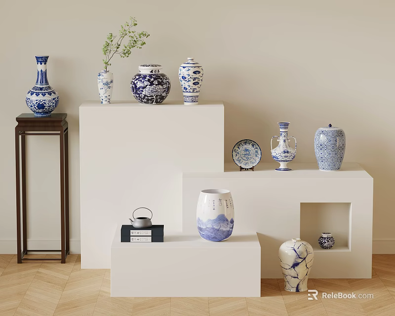 Blue And White Ceramic Decorative Ornament Set For Home Display On Stands 3d model 