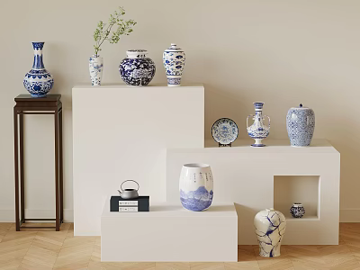 Blue And White Ceramic Decorative Ornament Set For Home Display On Stands 3d model