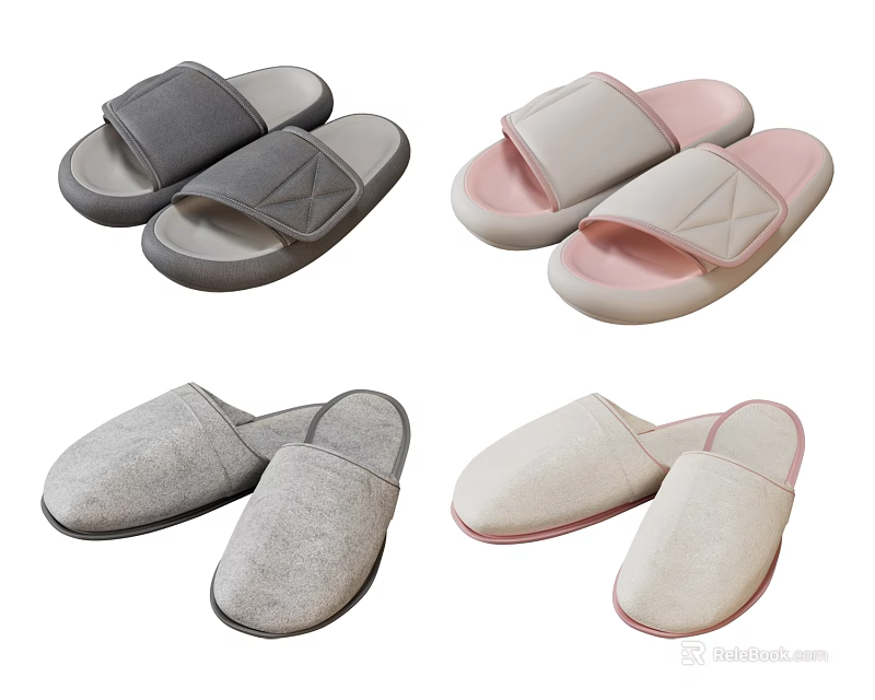 Comfortable Indoor Slippers In Gray Pink And Beige With Cross Strap Design 3d model 
