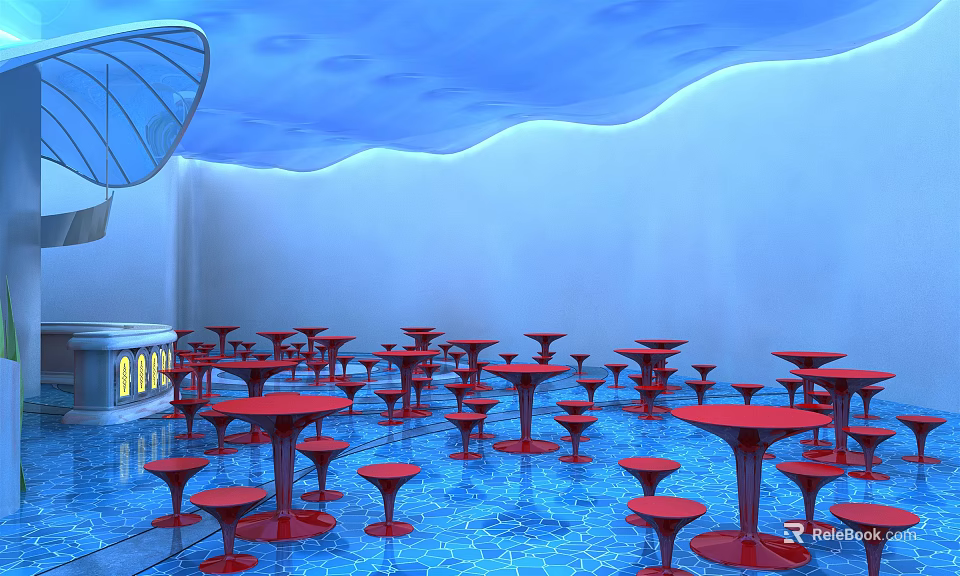 Café with Blue Ceiling Wavy Walls Red Tables Stools Water Rippled Floor And Umbrella Structure 3d model 
