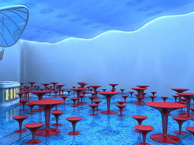 Café with Blue Ceiling Wavy Walls Red Tables Stools Water Rippled Floor And Umbrella Structure 3d model