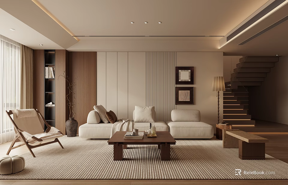 Elegant Modern Living Room Interior With Light Sofa Wooden Coffee Table And Wall Art 3d model 