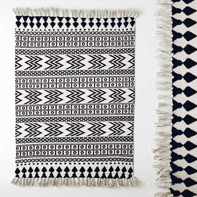 Stylish Square Rug With Black And White Geometric Patterns And Fringe Details 3d model 