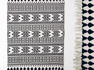 Stylish Square Rug With Black And White Geometric Patterns And Fringe Details 3d model