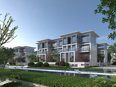 Modern Townhouse Exterior With Landscaped Garden Swimming Pool And Lush Greenery 3d model