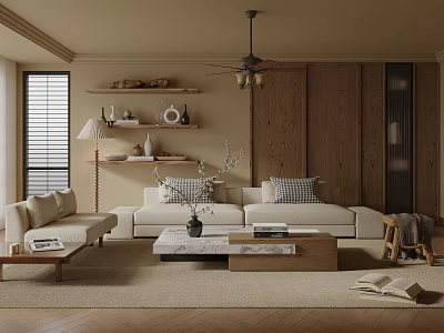 Modern Neutral Living Room With Large Sofa Wooden Panels And Shelves 3d model