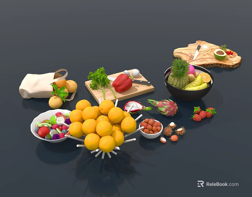 Assorted Fresh Fruits Including Lemons Pineapple Strawberries And Avocado With Cutting Board 3d model 