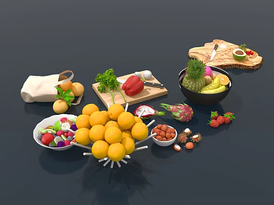 Assorted Fresh Fruits Including Lemons Pineapple Strawberries And Avocado With Cutting Board 3d model