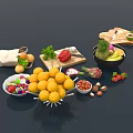 Assorted Fresh Fruits Including Lemons Pineapple Strawberries And Avocado With Cutting Board