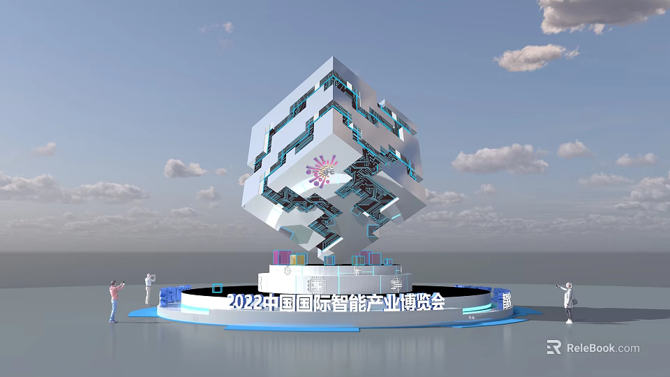 2025 China International Intelligent Industry Expo Unique Cube Shaped Exhibition Stand with People and Sky 3d model 