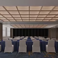Formal Conference Room With Blue Tablecloths White Chair Covers And Grid Ceiling