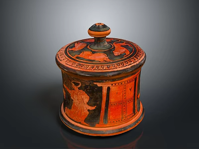Ancient Greek Style Carved Cylindrical Container With Red Black Figure Motifs And Lid 3d model
