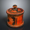 Ancient Greek Style Carved Cylindrical Container With Red Black Figure Motifs And Lid