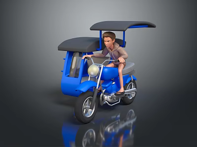 Blue Three Wheeled Motorcycle With Canopy And Rider Seated On It 3d model