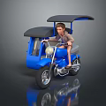 Blue Three Wheeled Motorcycle With Canopy And Rider Seated On It