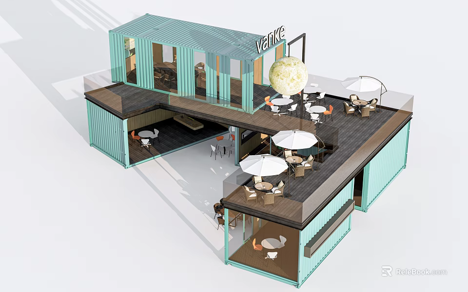 Modern Post Station With Container Structure Glass Windows Outdoor Seating And Spherical Decor 3d model 