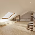 Modern Living Room Open Concept With Sloped Ceiling Skylight Wooden Floor Bookshelf And Glass Railing