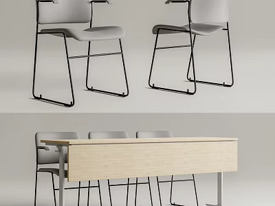 Modern Table And Chair Set With Light Wood Top Gray Seats And Black Metal Frames 3d model