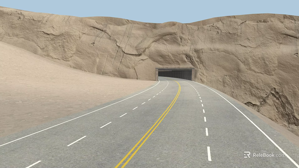 Scenic Desert Highway Leading To Tunnel Through Rocky Cliffs And Sand Dunes 3d model 