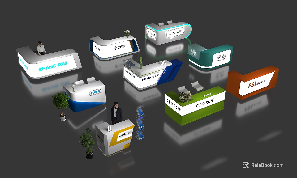 Modern Reception Desks With Various Designs Different Colors Company Logos And Small Plants 3d model 