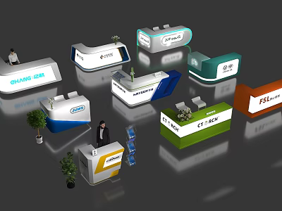 Modern Reception Desks With Various Designs Different Colors Company Logos And Small Plants 3d model