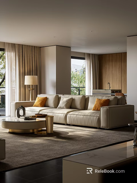 Modern Living Room Interior With Beige Sofa Orange Cushions And Wooden Coffee Table 3d model 