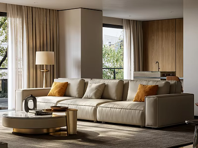 Modern Living Room Interior With Beige Sofa Orange Cushions And Wooden Coffee Table 3d model