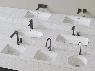 Multiple Modern White Sinks With Black Faucets On Countertop Display Design 3d model