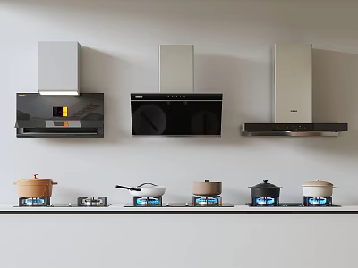 Different Types Of Modern Kitchen Appliances Including Range Hoods And Gas Stoves 3d model