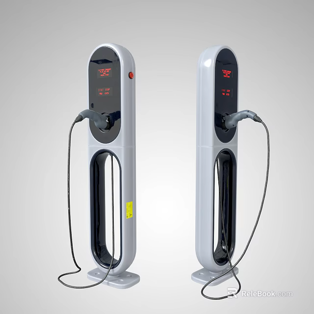 White Electric Vehicle Charging Stations With Digital Display And Charging Cables 3d model 