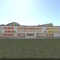 Modern School Building Complex With Connected Structures Colorful Playground And Green Lawn Area