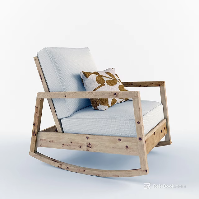 Modern Wooden Rocking Chair With Light Gray Cushion And Brown Leaf Pattern Pillow 3d model 