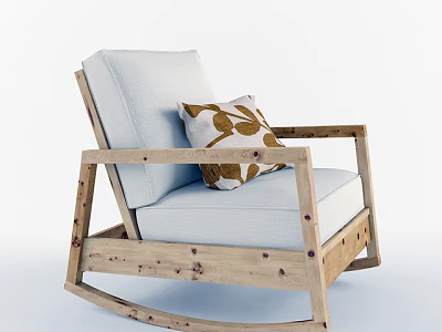 Modern Wooden Rocking Chair With Light Gray Cushion And Brown Leaf Pattern Pillow 3d model