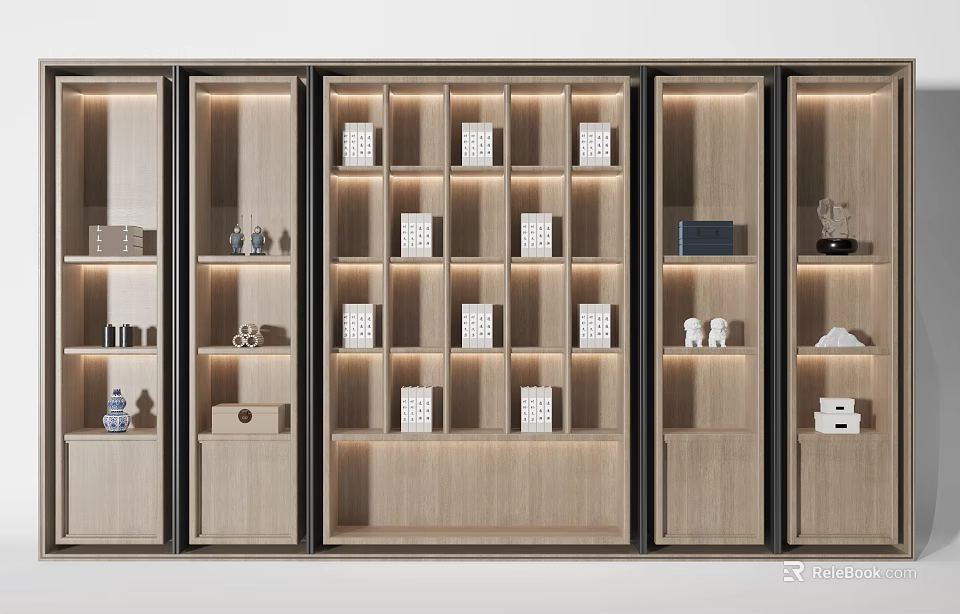 Modern Wooden Display Cabinet With Open Shelves And Decorative Ornaments 3d model 