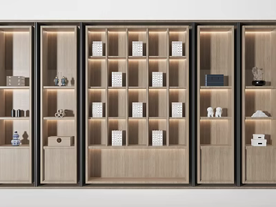 Modern Wooden Display Cabinet With Open Shelves And Decorative Ornaments 3d model