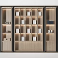 Modern Wooden Display Cabinet With Open Shelves And Decorative Ornaments