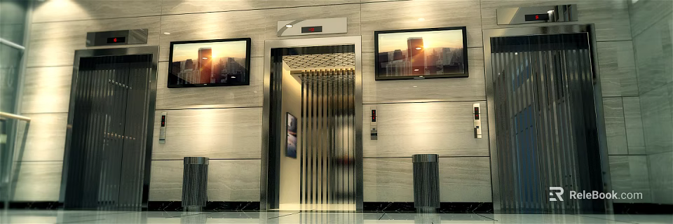 Modern Elevator Lobby Interior With Large Screens And City Sunset Views 3d model